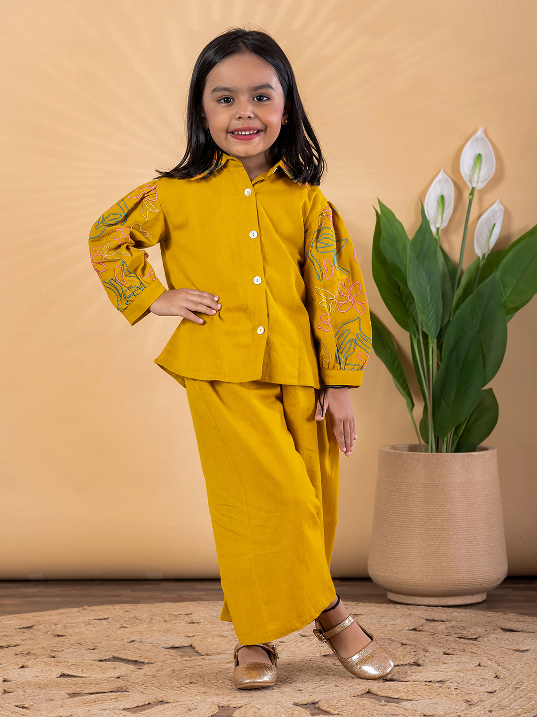 Golden Glow Embroidered Cotton Flex Outfit – Girls