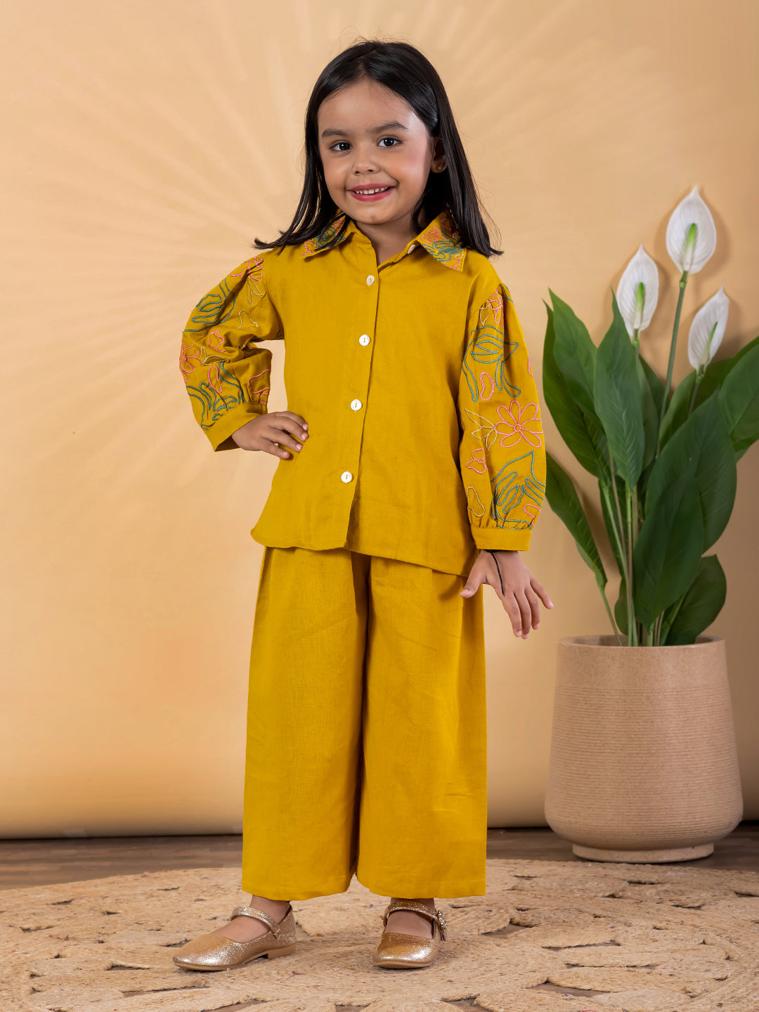 Golden Glow Embroidered Cotton Flex Outfit – Girls