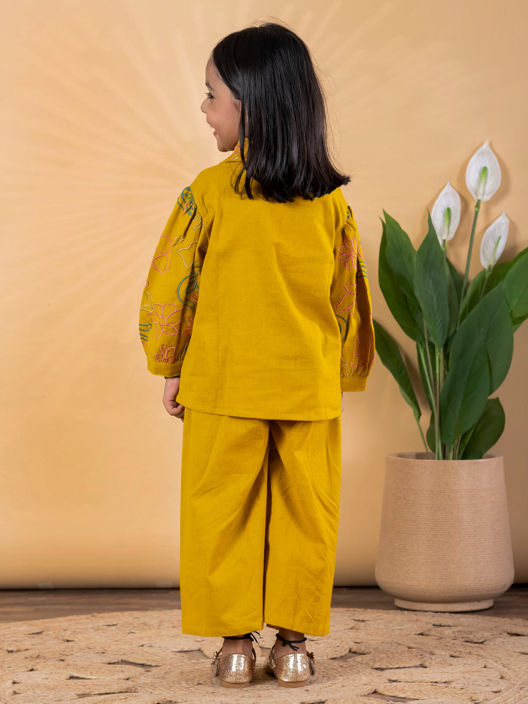 Golden Glow Embroidered Cotton Flex Outfit – Girls