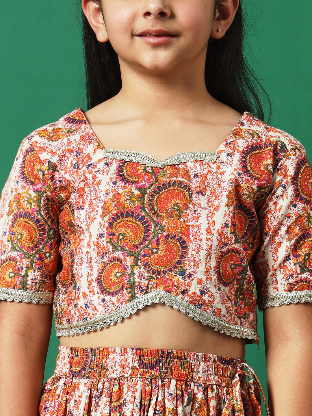 Rosy Glow Printed Cotton Lehenga Choli with Gota Lace