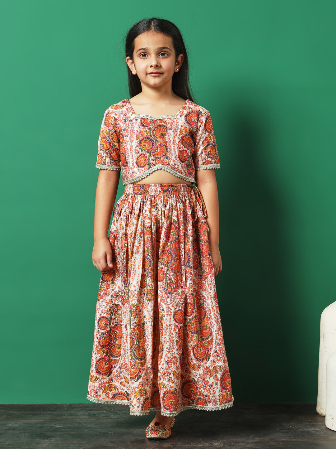 Rosy Glow Printed Cotton Lehenga Choli with Gota Lace