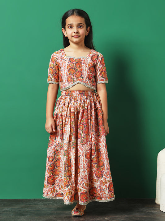 Rosy Glow Printed Cotton Lehenga Choli with Gota Lace