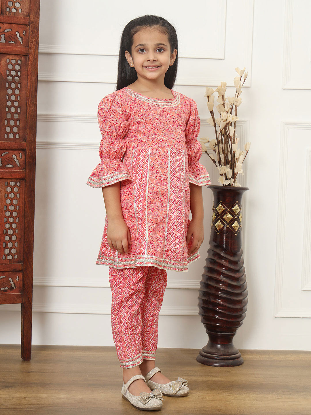 Girls Pink Floral Anarkali Kurti & Pyjama with Gota Lace Work