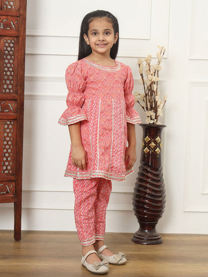 Girls Pink Floral Anarkali Kurti & Pyjama with Gota Lace Work
