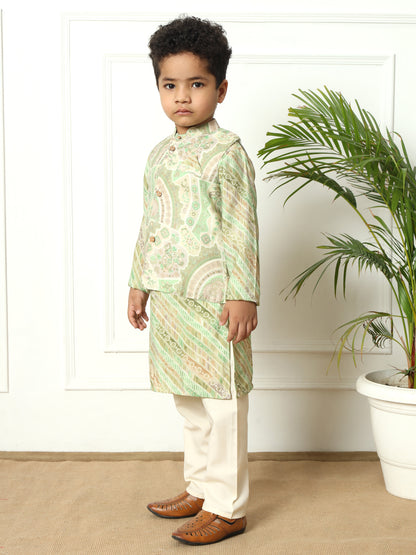 Boys Olive Silk Floral Kurta Pyjama & Nehru Jacket Set