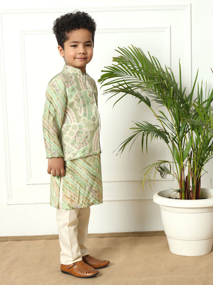Boys Olive Silk Floral Kurta Pyjama & Nehru Jacket Set