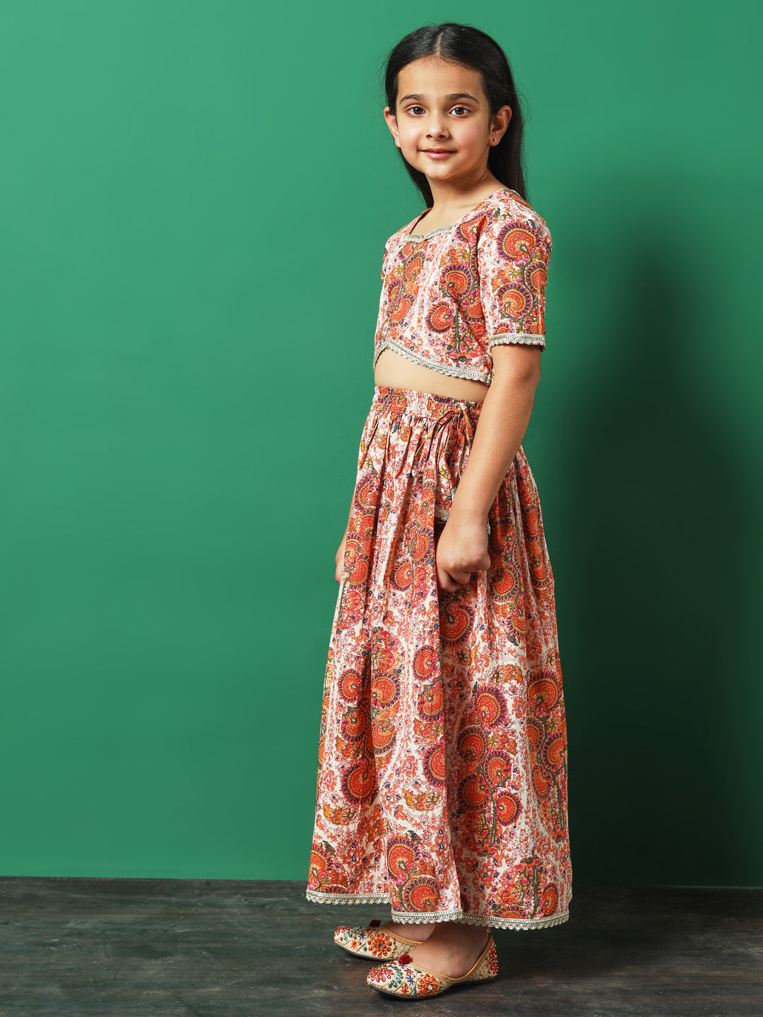 Rosy Glow Printed Cotton Lehenga Choli with Gota Lace