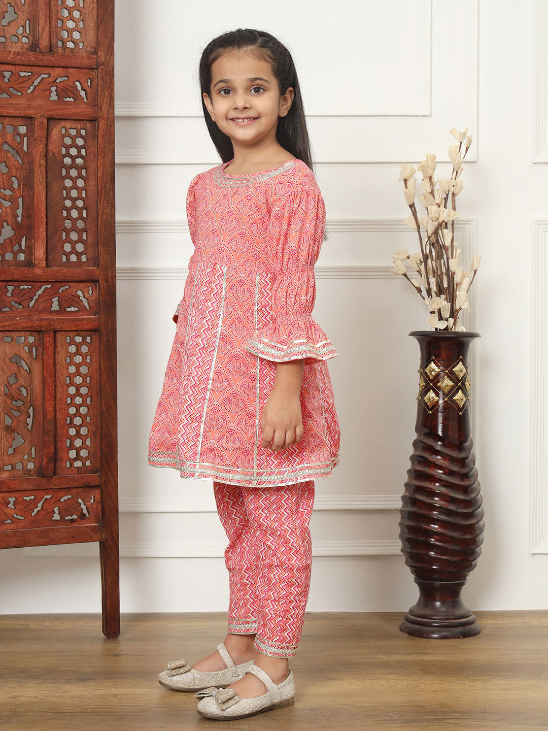 Girls Pink Floral Anarkali Kurti & Pyjama with Gota Lace Work