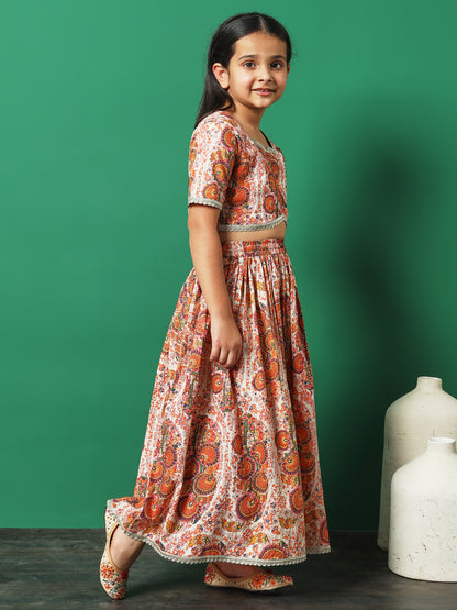 Rosy Glow Printed Cotton Lehenga Choli with Gota Lace