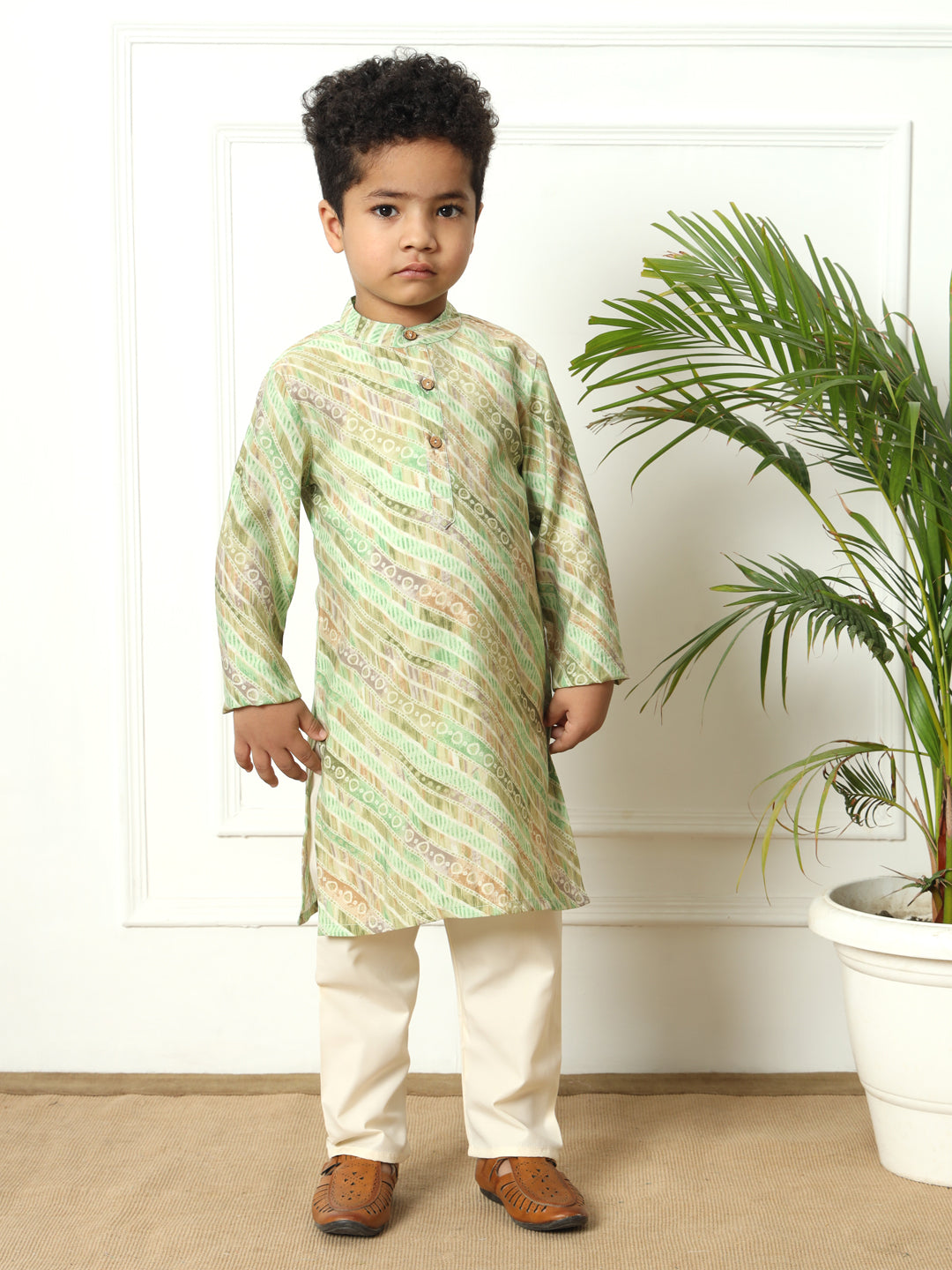 Boys Olive Silk Floral Kurta Pyjama & Nehru Jacket Set