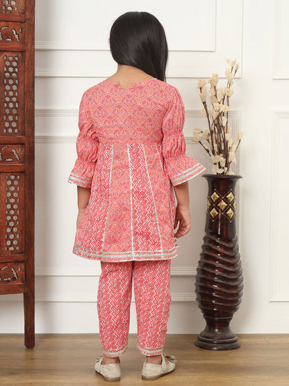 Girls Pink Floral Anarkali Kurti & Pyjama with Gota Lace Work