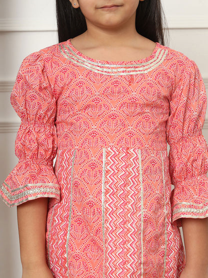 Girls Pink Floral Anarkali Kurti & Pyjama with Gota Lace Work