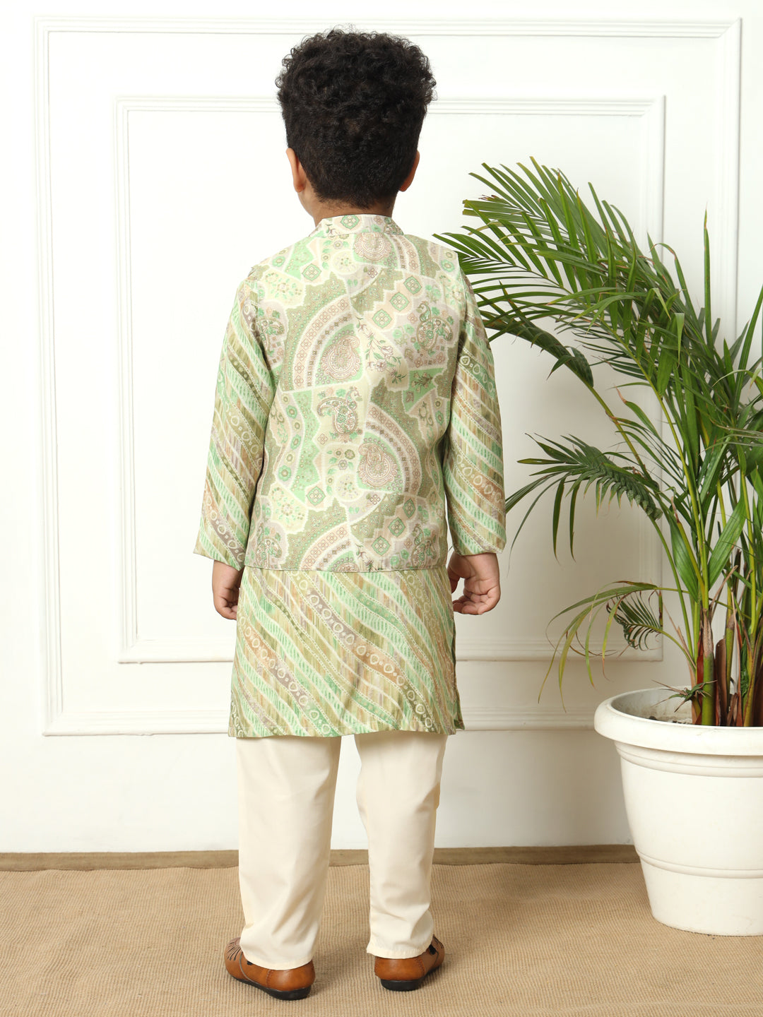 Boys Olive Silk Floral Kurta Pyjama & Nehru Jacket Set