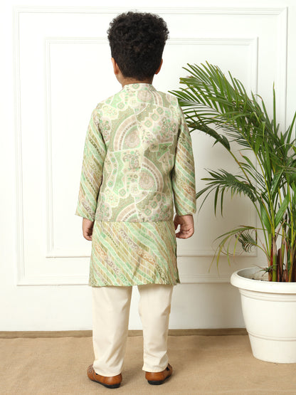 Boys Olive Silk Floral Kurta Pyjama & Nehru Jacket Set